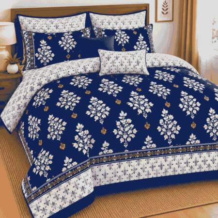 Navy Blue Floral Printed Bedding Set