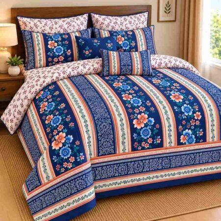 Navy Blue Floral Printed Bedsheet