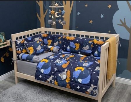 Navy Blue Moon & Stars Cot Bedding Set