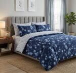 Navy Blue & Sky Blue Floral Print Cotton Bedsheet Set (With Pillow Covers)