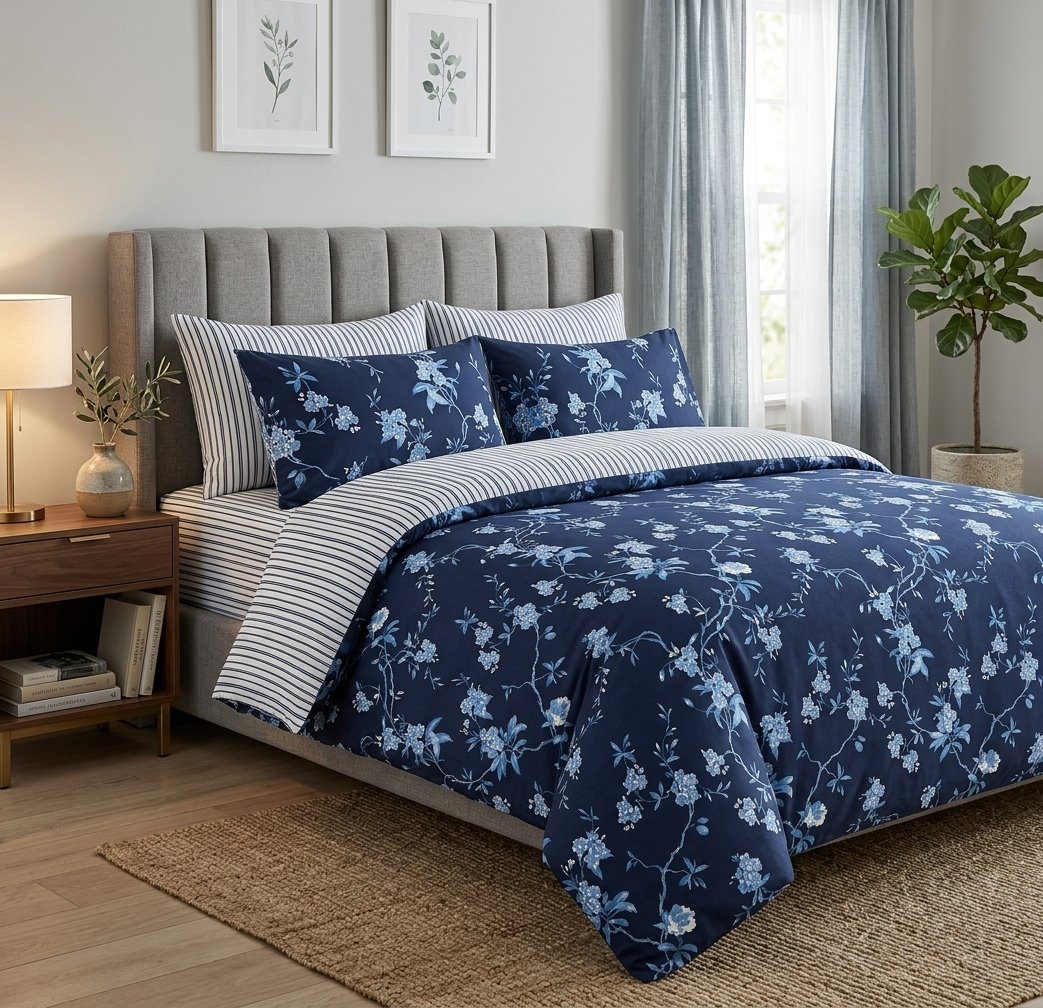 Navy Blue & Sky Blue Floral Print Cotton Bedsheet Set (With Pillow Covers) Navy Blue & Sky Blue Floral Print Cotton Bedsheet Set (With Pillow Covers)
