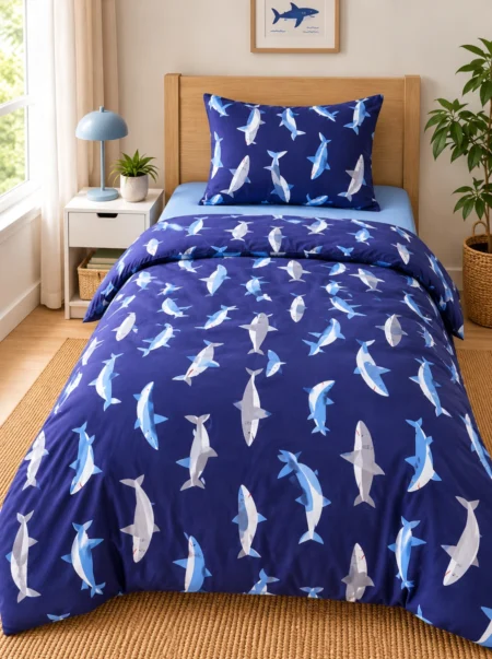 Ocean Adventure Shark Printed Kids Bedsheet – Navy Blue Design