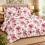 Pink Rose Blossom Floral Printed Bedsheet – Elegant White & Magenta Design