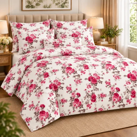 Pink Rose Blossom Floral Printed Bedsheet – Elegant White & Magenta Design