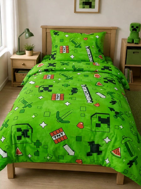 Pixel Adventure Gaming Kids Bedsheet – Bright Green Block Design