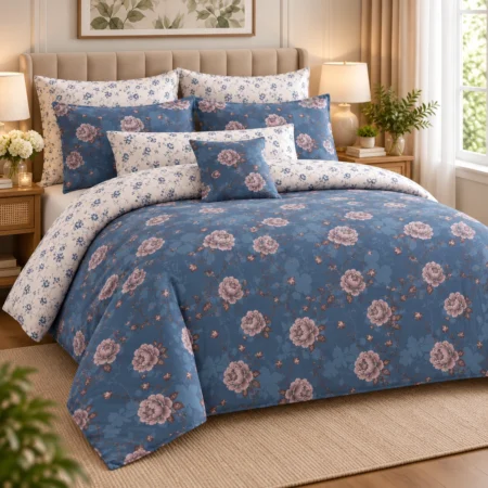 Royal Blue Rose Floral Printed Bedsheet – Elegant Vintage Design