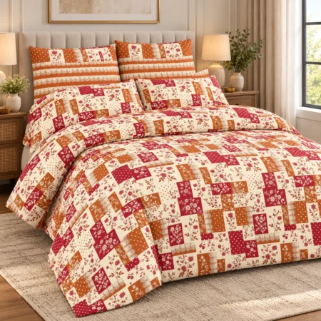 Rustic Autumn Floral Patchwork Printed Bedsheet – Maroon & Burnt Orange Design