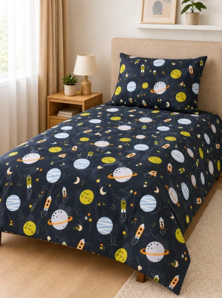 Space Explorer Kids Printed Bedsheet – Navy Blue Planets & Rockets Design