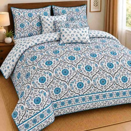 Teal Blue Floral Printed Bedding Set